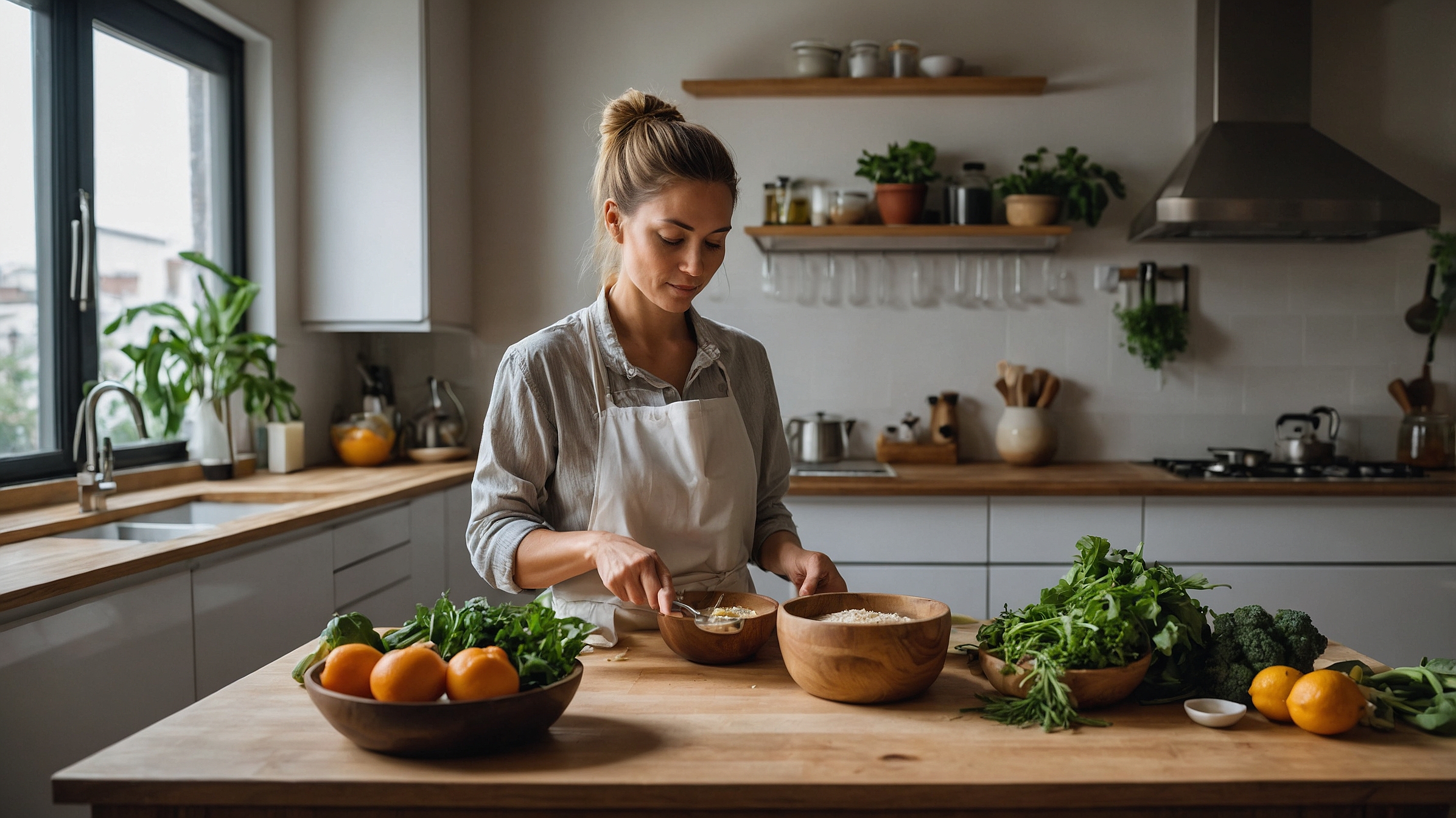 Woman preparing healthy plant-based meal in a natural-light kitchen