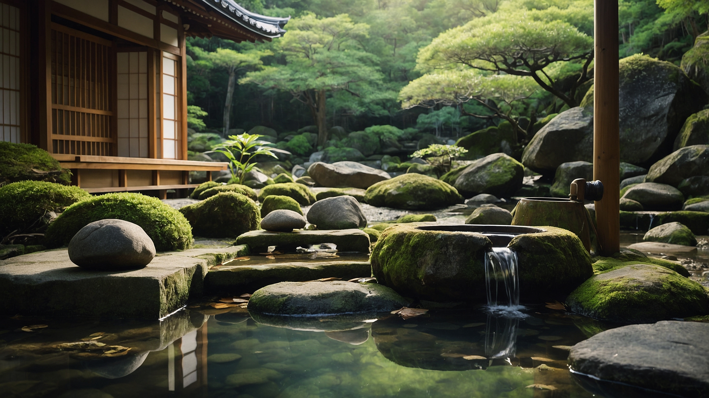 Traditional Japanese purification ritual with wooden ladle in serene moss garden