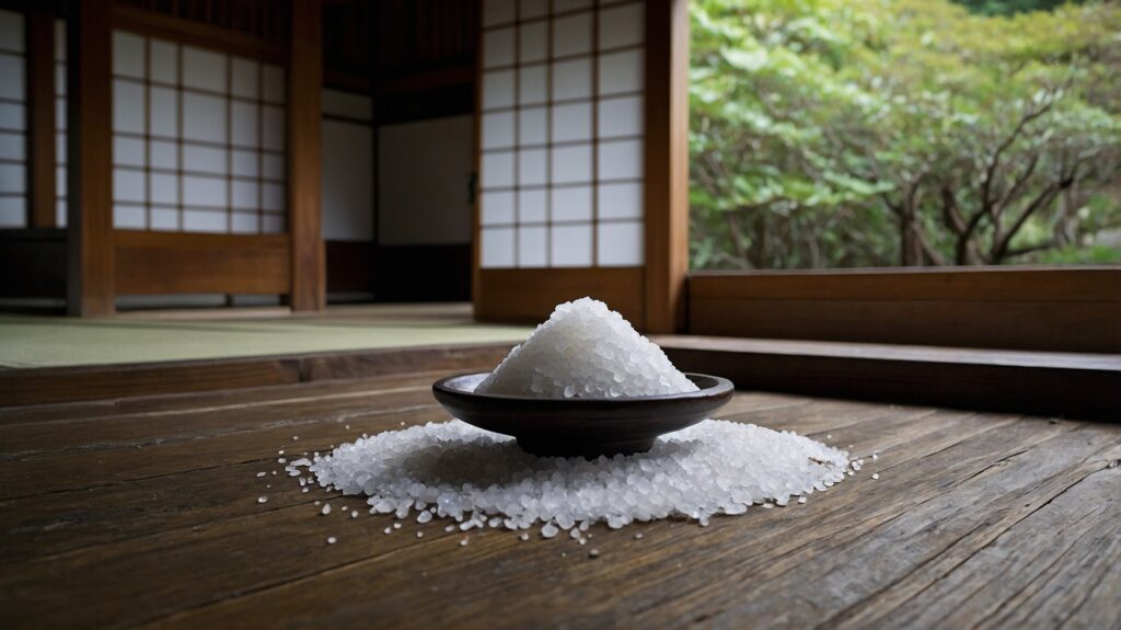 Traditional Japanese salt offering "Morishio" placed at the entrance for Shinto purification ritual
