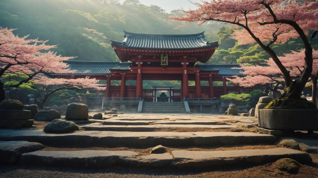 Traditional Shinto temple with cherry blossoms and sacred salt purification ritual in spring