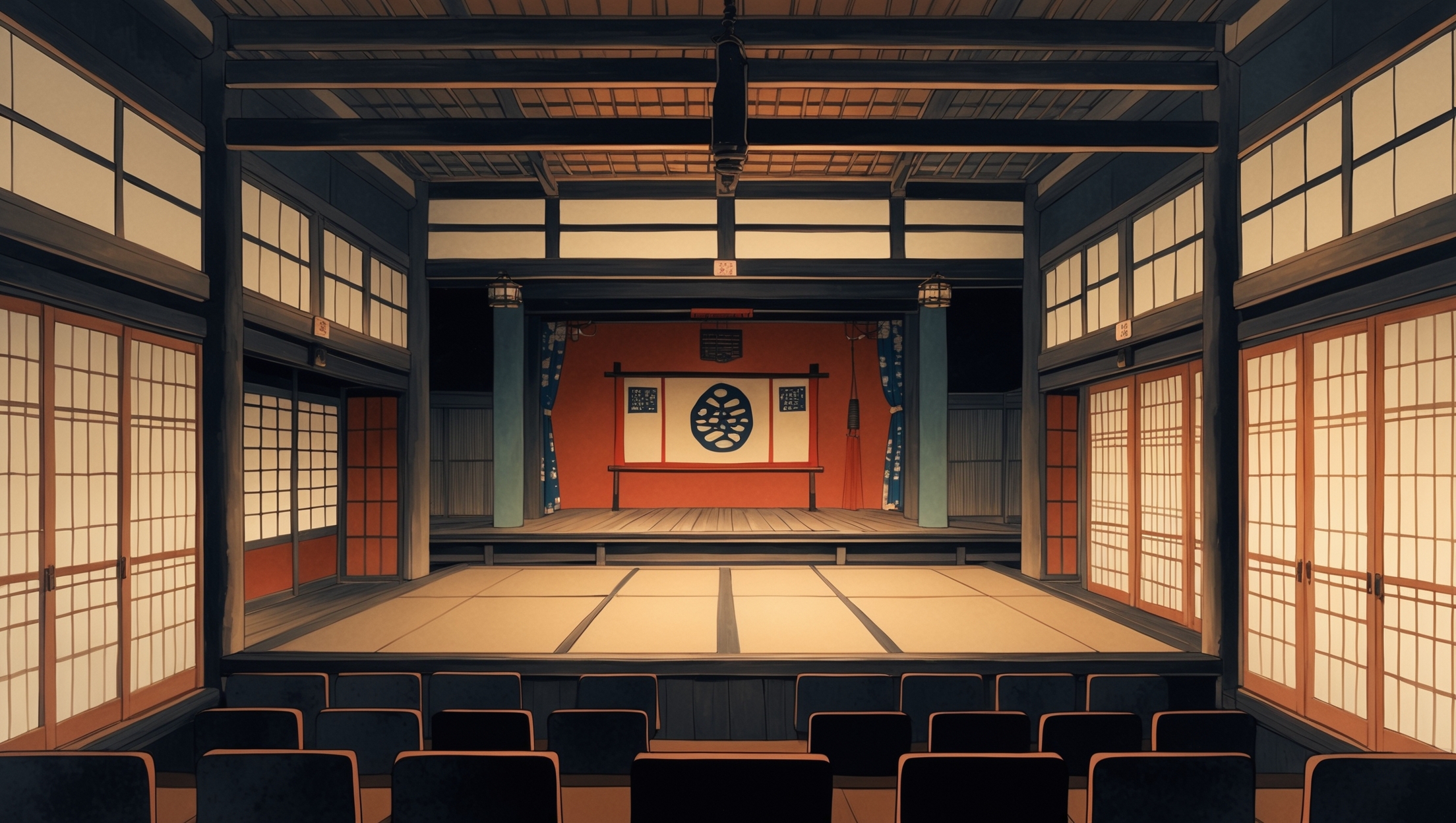 江戸時代の落語の寄席劇場の内部を描いた和風イラスト。舞台から客席を見渡す構図で、人は描かれておらず、障子や木の柱、柔らかな行灯の灯りが漂う落ち着いた雰囲気。伝統的な和のくすんだ色彩が使われ、静かで品のある空間が表現されている。