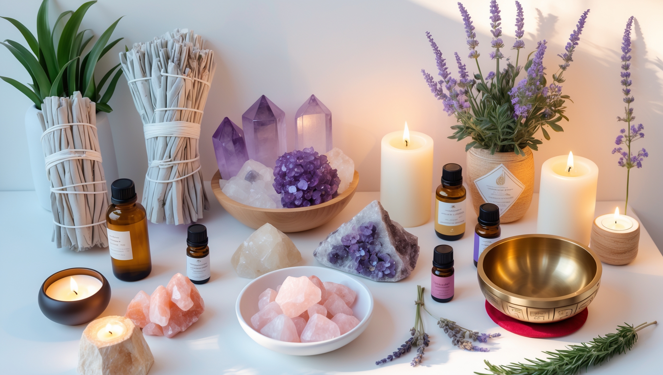 浄化アイテムを並べた美しいフラットレイ写真。ホワイトセージの束、アメジストクラスター、ローズクォーツ、アロマオイル、キャンドル、シンギングボウル、ラベンダーなどが白い背景に配置されている。