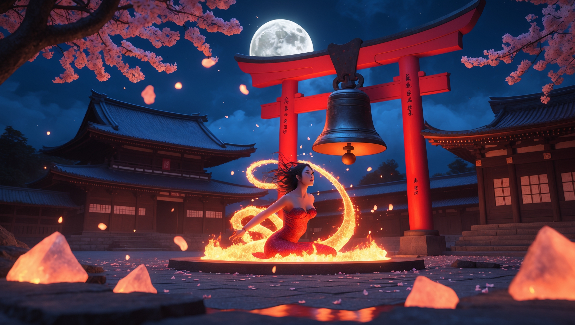 Beautiful Japanese woman transforming into a fiery serpent under a temple bell, surrounded by flames and cherry blossoms, depicting the Anchin Kiyohime legend.