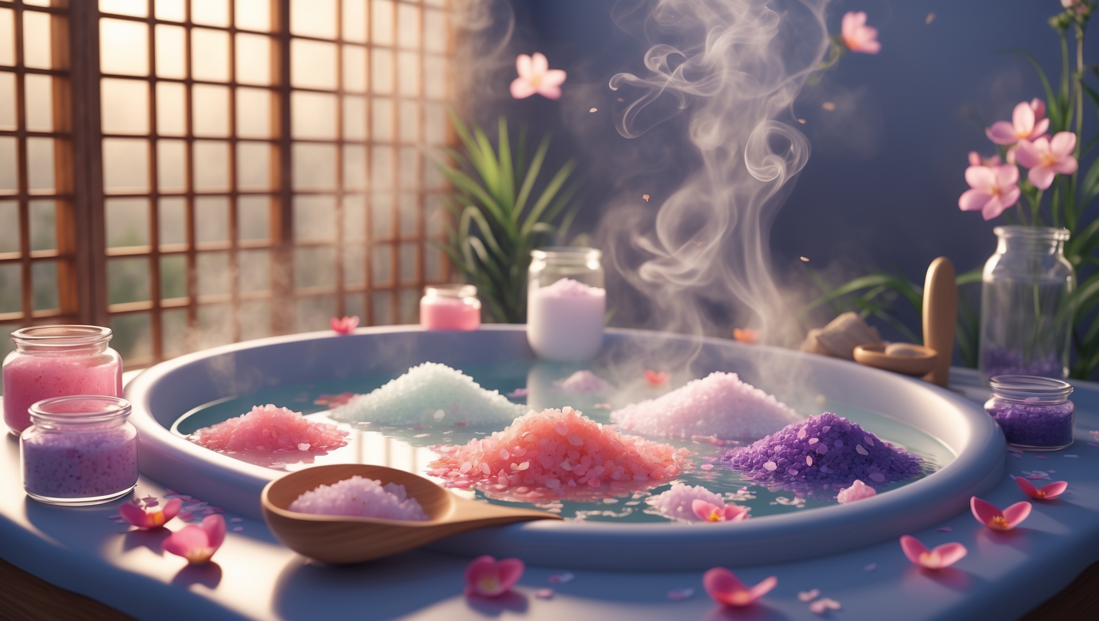 湯船の中に色とりどりのバスソルトが山のように盛られ、周囲には瓶や花びらが散りばめられた、スチームが立ち上るラグジュアリーなバスルームの光景