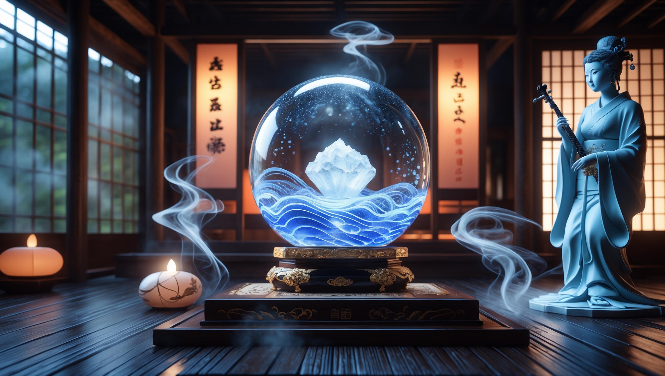 伝統的な日本の和室に置かれたガラスの宝珠の中で、海の波と塩の結晶が光り輝き、隣には琵琶を持った弁財天を象徴する青い着物の女性像が立つ幻想的なシーン