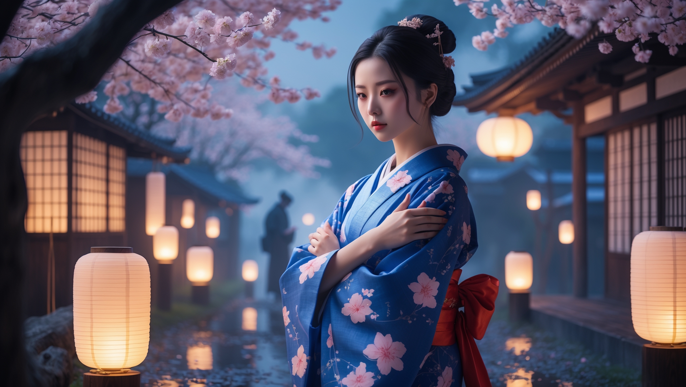 Japanese woman in blue kimono standing under cherry blossoms at night with a cold expression, symbolizing the concept of “Shio Taiou” or cold attitude rooted in Japanese folklore.