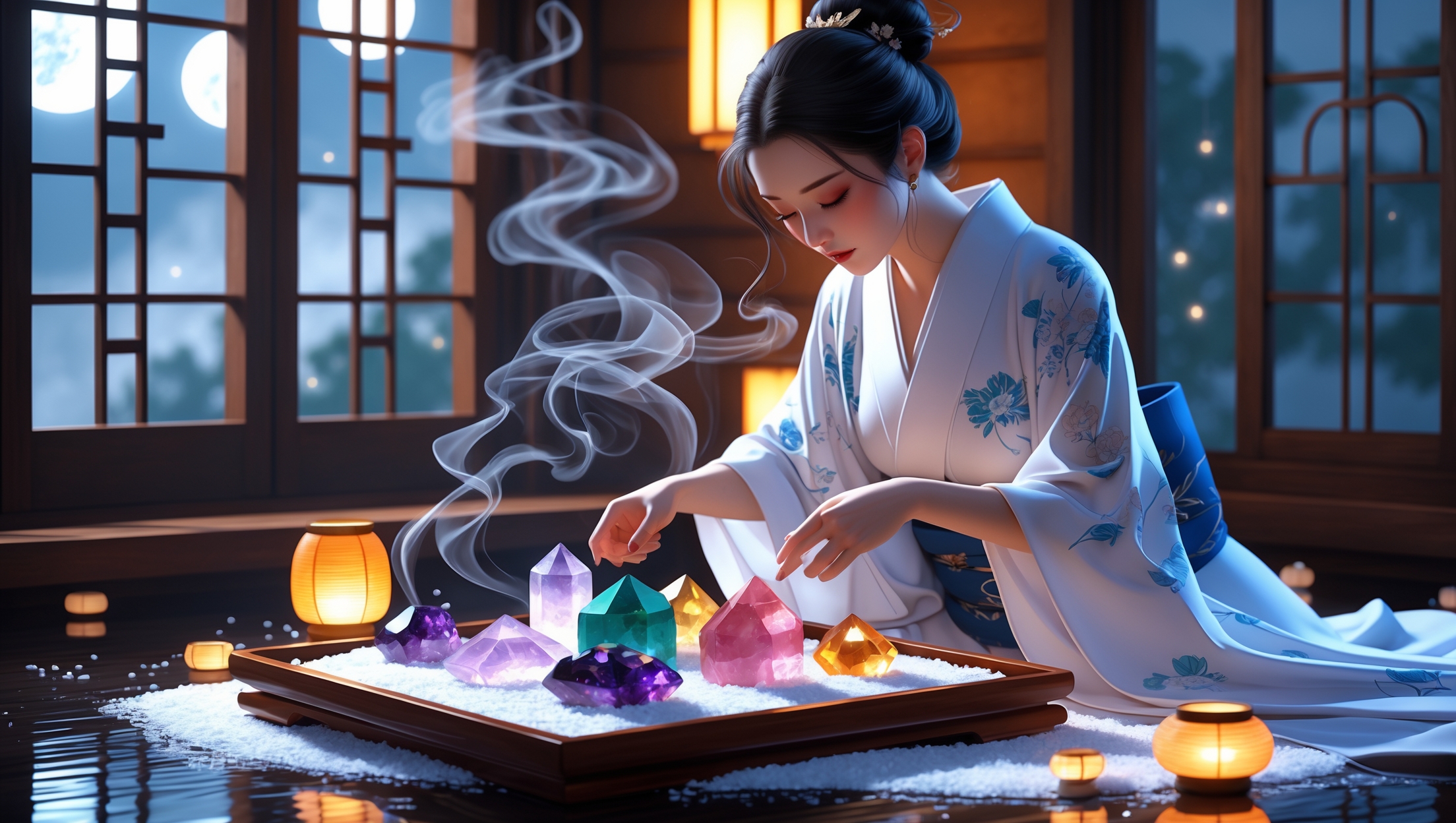 Japanese woman performing crystal cleansing with colorful gemstones and salt purification ritual in a traditional Japanese room, surrounded by candles and mystical smoke.