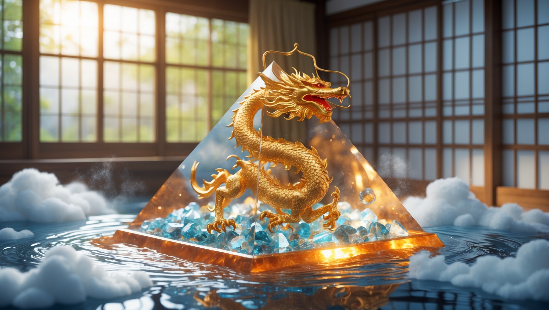 黄金の龍が封入されたピラミッド型のオルゴナイトが、青い水晶と光の中で輝く様子。和室の背景と神秘的な雲が浄化と運気上昇を象徴するイメージ。