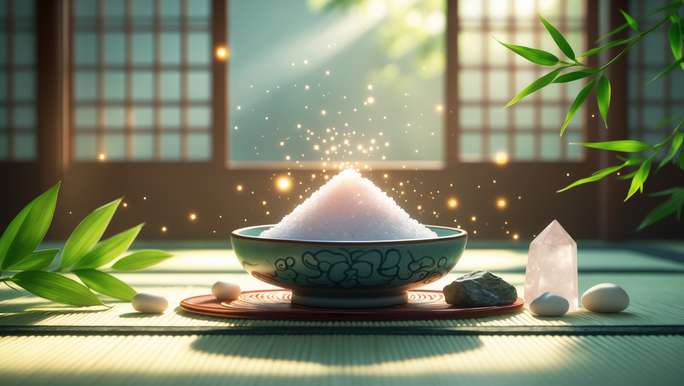 和室に置かれた美しい盛り塩と水晶、浄化の光が舞う風水インテリアシーン