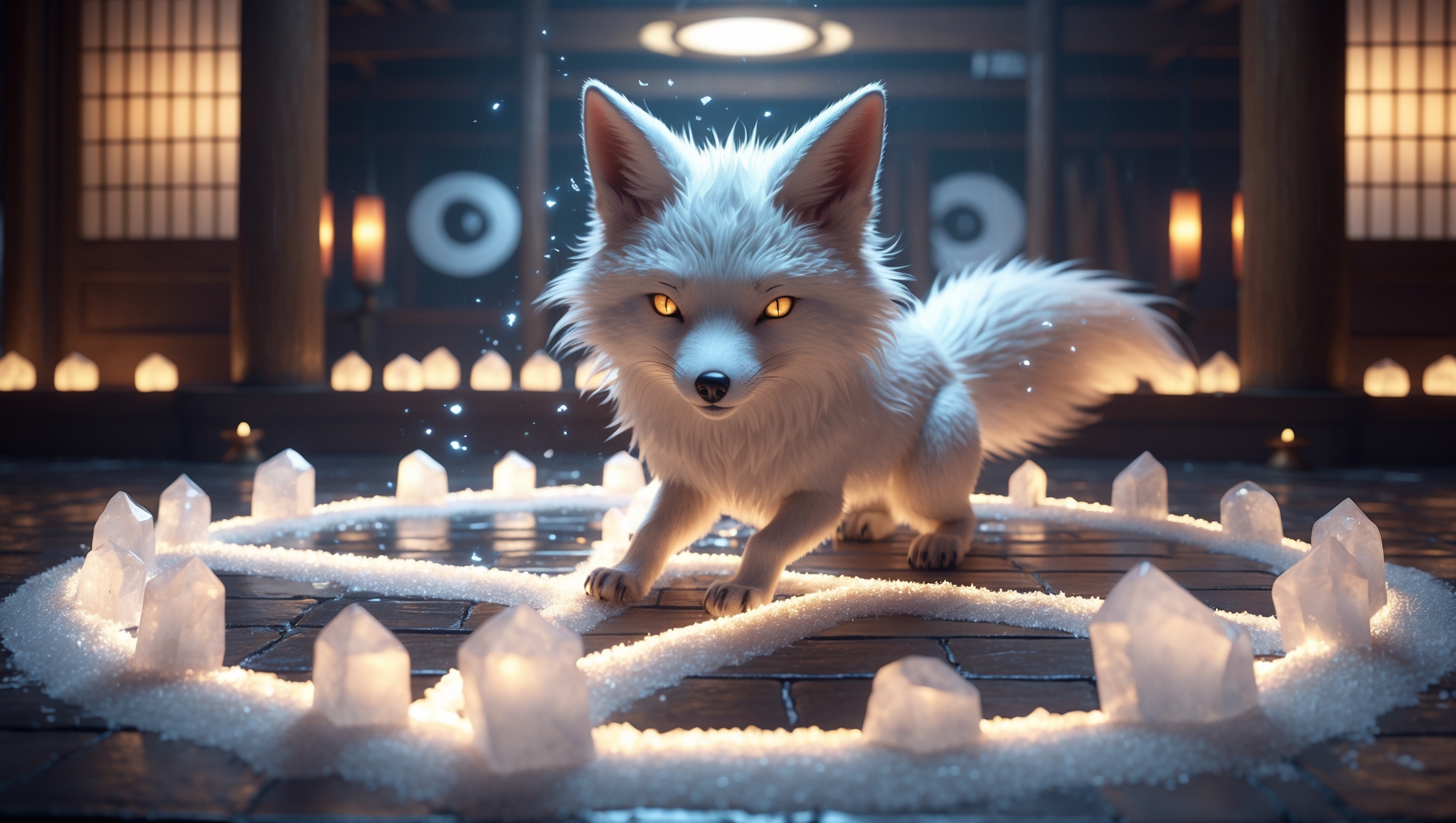 Mysterious white fox spirit standing inside a glowing salt pentagram during a Japanese onmyodo exorcism ritual