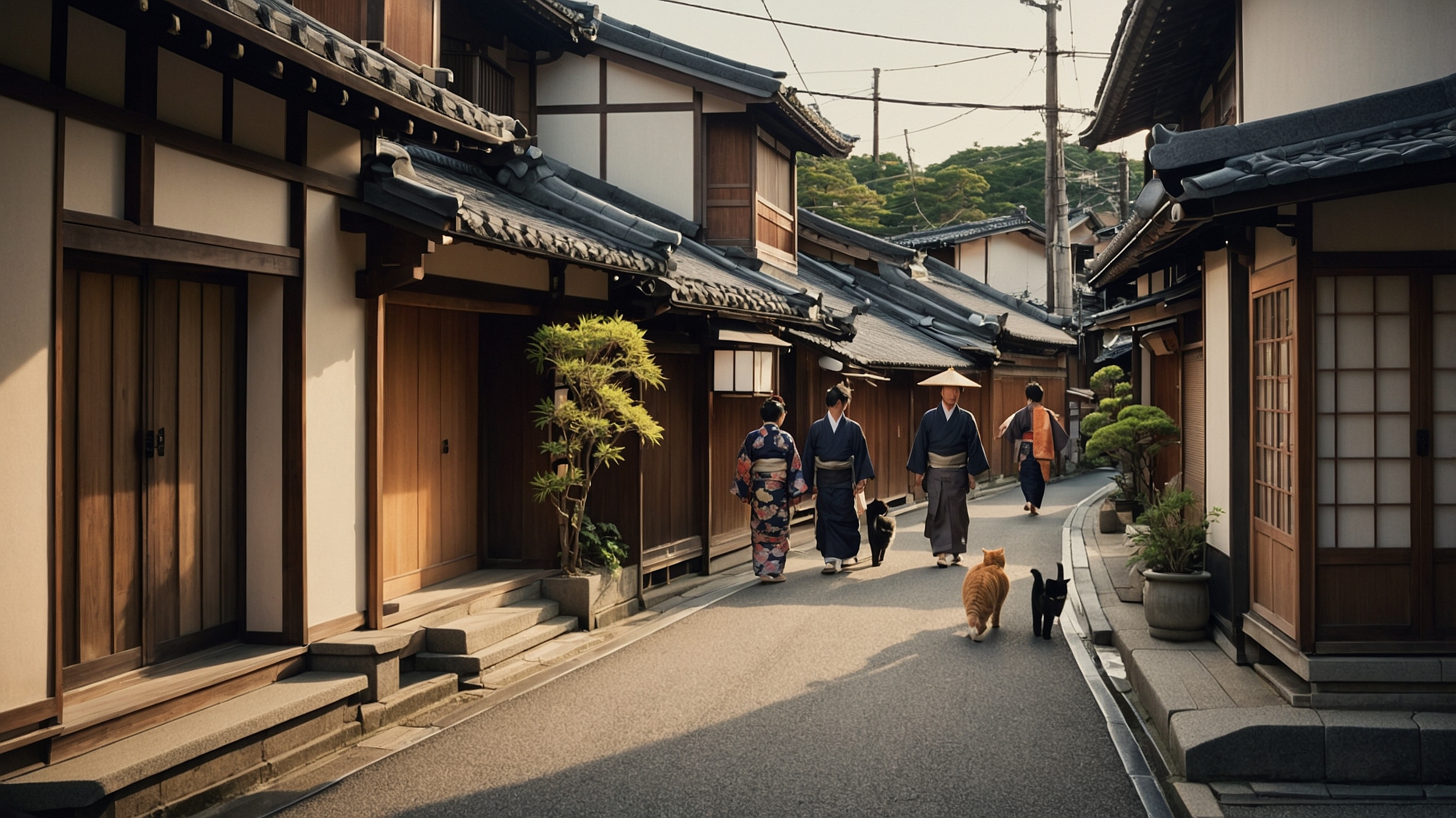 Traditional Japanese street scene with kimono-clad visitors and cats at Fukagawa Edo Museum in Tokyo