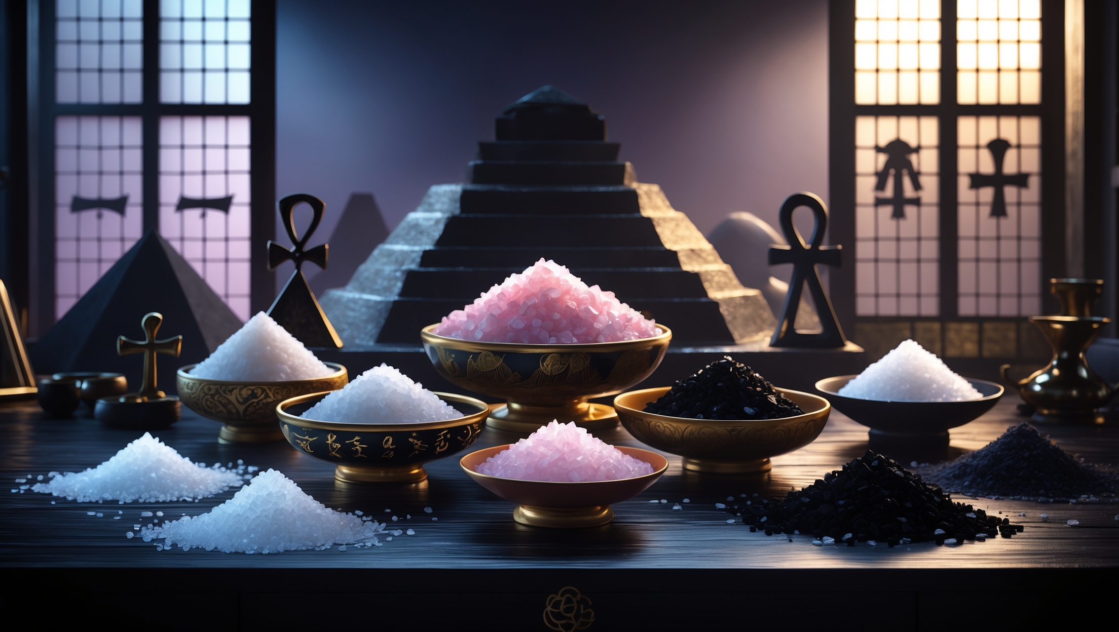 古代エジプトのシンボルやピラミッドを背景に、金の器に盛られた白、ピンク、黒など色とりどりの塩が並ぶ神秘的な儀式のイメージ