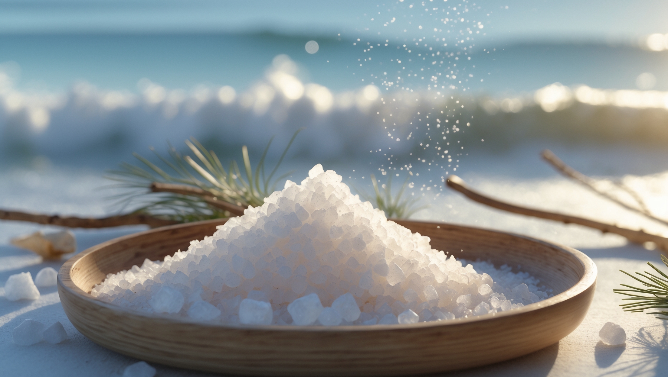 A wooden plate of natural sea salt crystals placed on a sandy beach with gentle ocean waves in the background, symbolizing spiritual healing and relaxation.