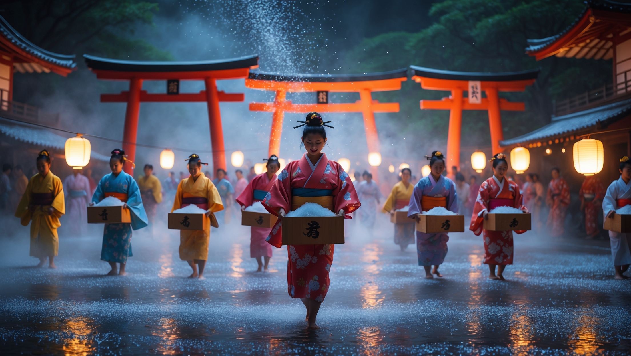 Traditional Japanese salt festival at night with kimono dancers performing ritual near red torii gates and illuminated lanterns.