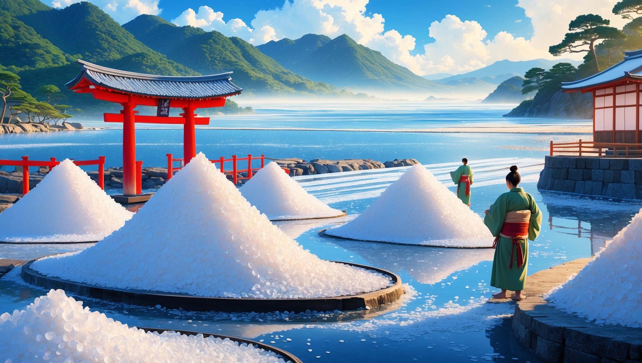 海沿いの日本の塩田で、赤い鳥居と白い塩のピラミッドが並ぶ景色。青い海と緑の山々が背景に広がり、和服姿の人々が作業する伝統的な風景。