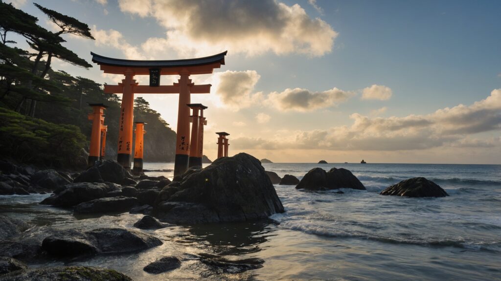 Scenic view of traditional Japanese torii gates standing in the sea at sunset, symbolizing the spiritual threshold between the sacred and the profane
