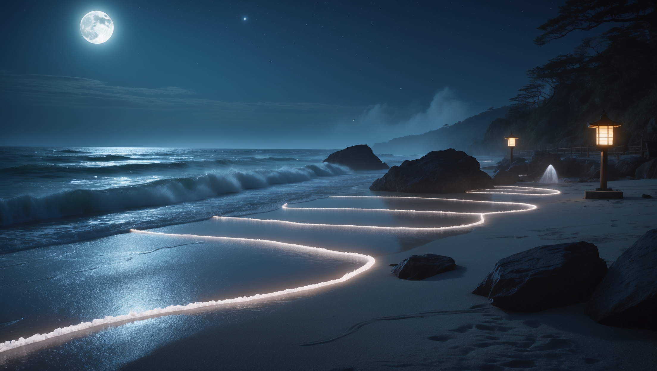 Japanese coastal beach at night under full moon, glowing salt barrier lines curving along the shore, symbolizing traditional salt purification legends.
