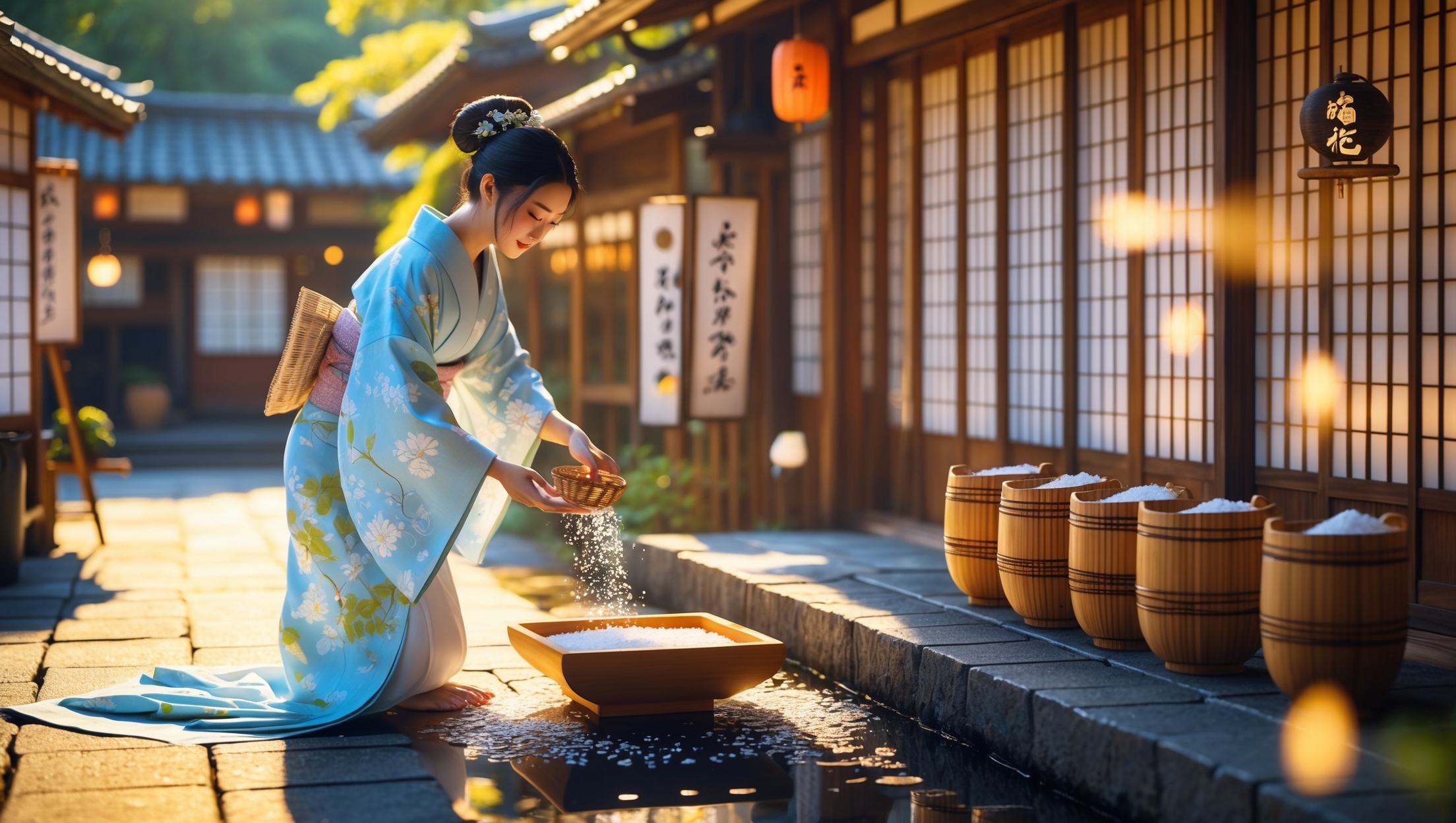 Japanese woman in light blue kimono performing traditional salt ritual for summer heat relief in Edo period street setting