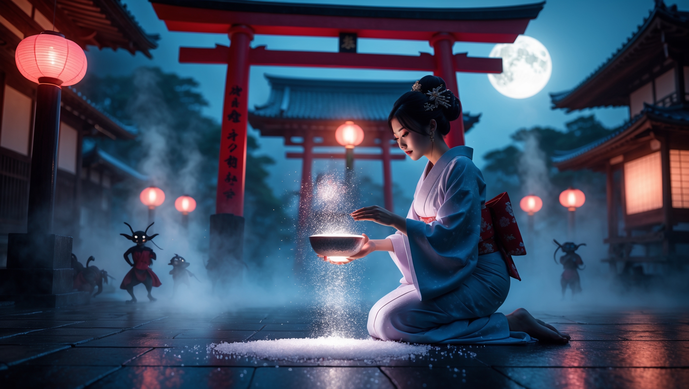 Japanese woman performing a mystical salt offering ritual to pacify fox spirits at a Shinto shrine at night