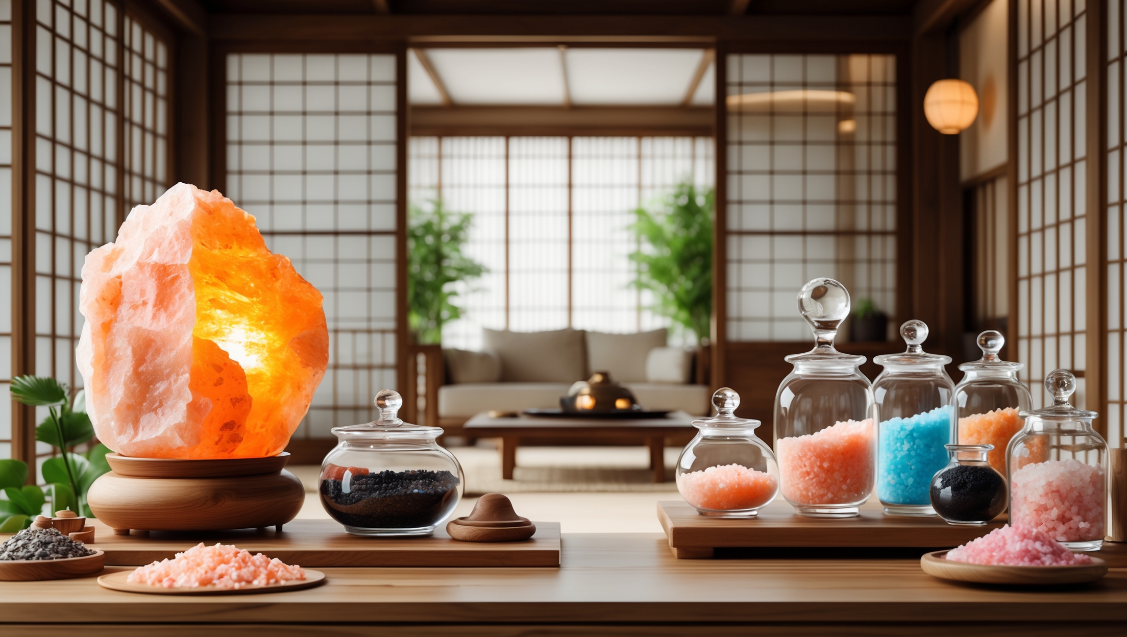 和モダンな室内に置かれたヒマラヤ岩塩ランプと、色とりどりの塩が入ったガラス瓶が並ぶインテリア風景。暖かいオレンジ色の光と、ピンク・青・黒などの塩の彩りが美しく調和し、洗練された空間を演出している。