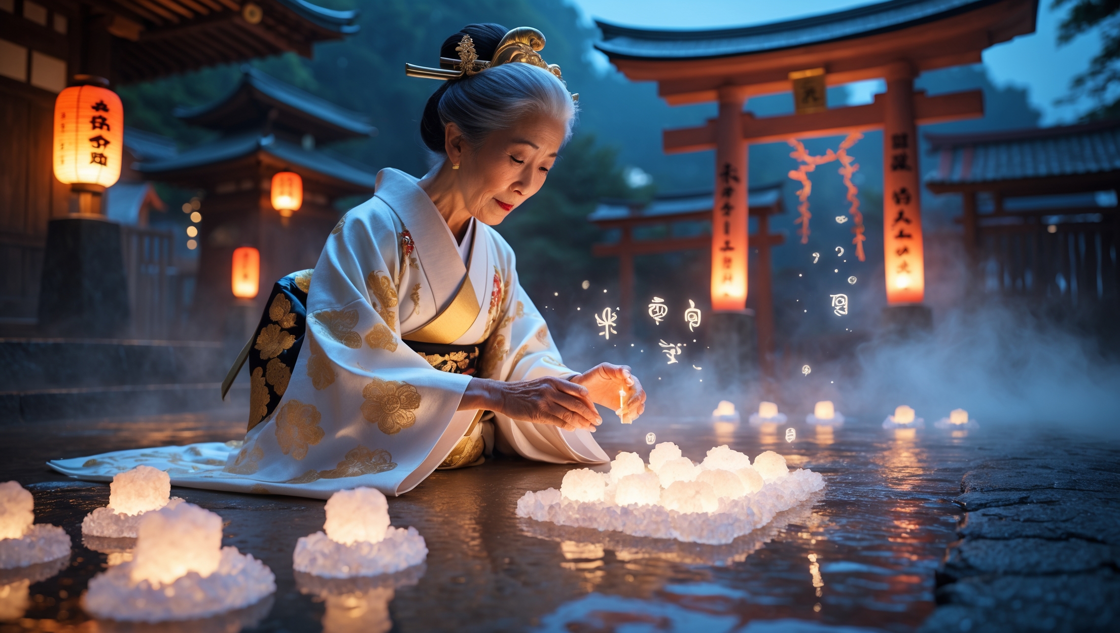 Elderly Japanese woman in traditional kimono creating glowing salt amulets during a mystical night ritual at a Shinto shrine, surrounded by lanterns and sacred symbols.