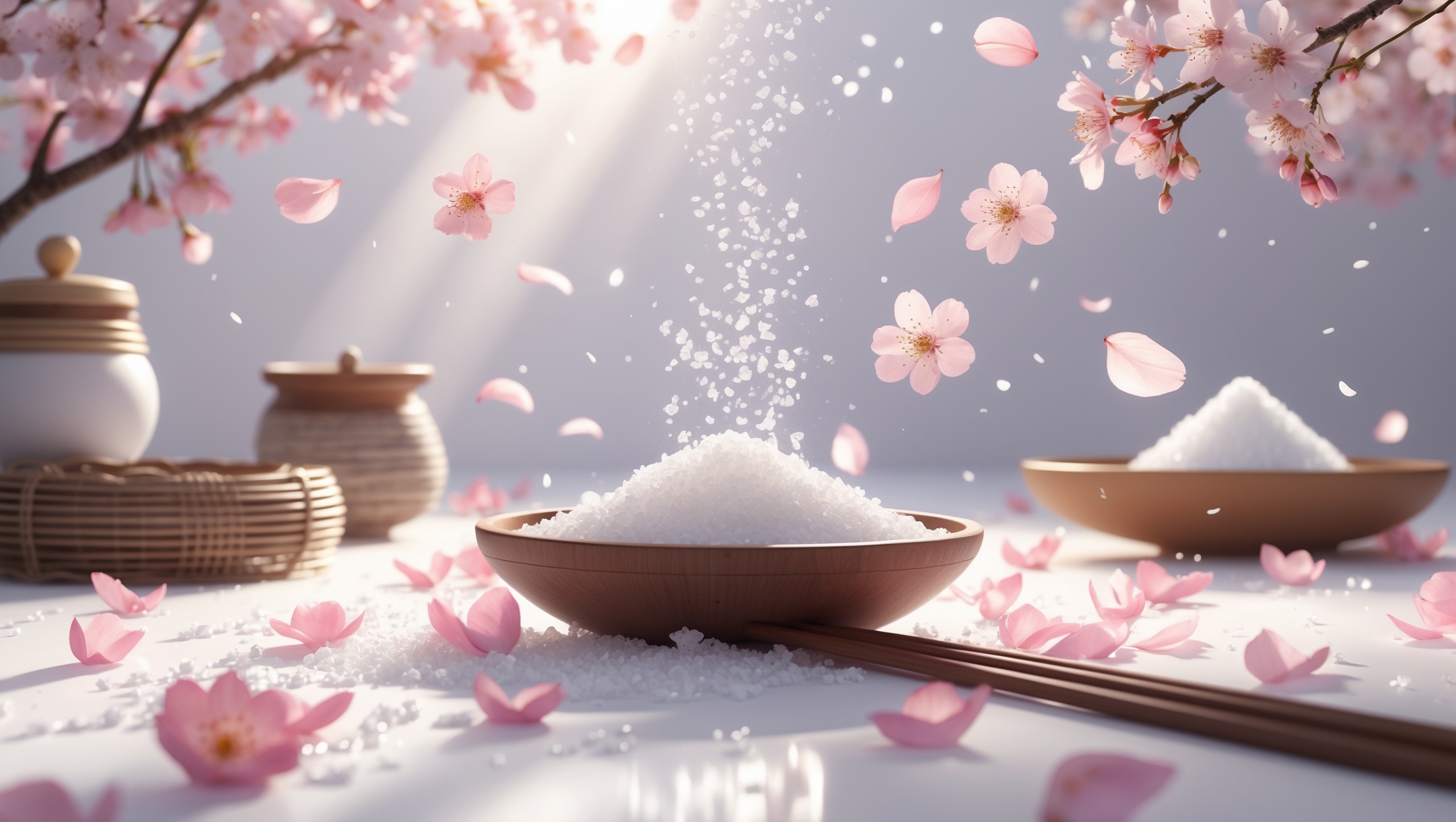 日本の伝統文化を象徴する桜と塩、木製の器と箸が並ぶ美しい和風のテーブルフォト。Japanese salt culture, cherry blossoms, traditional wooden dishes and chopsticks.