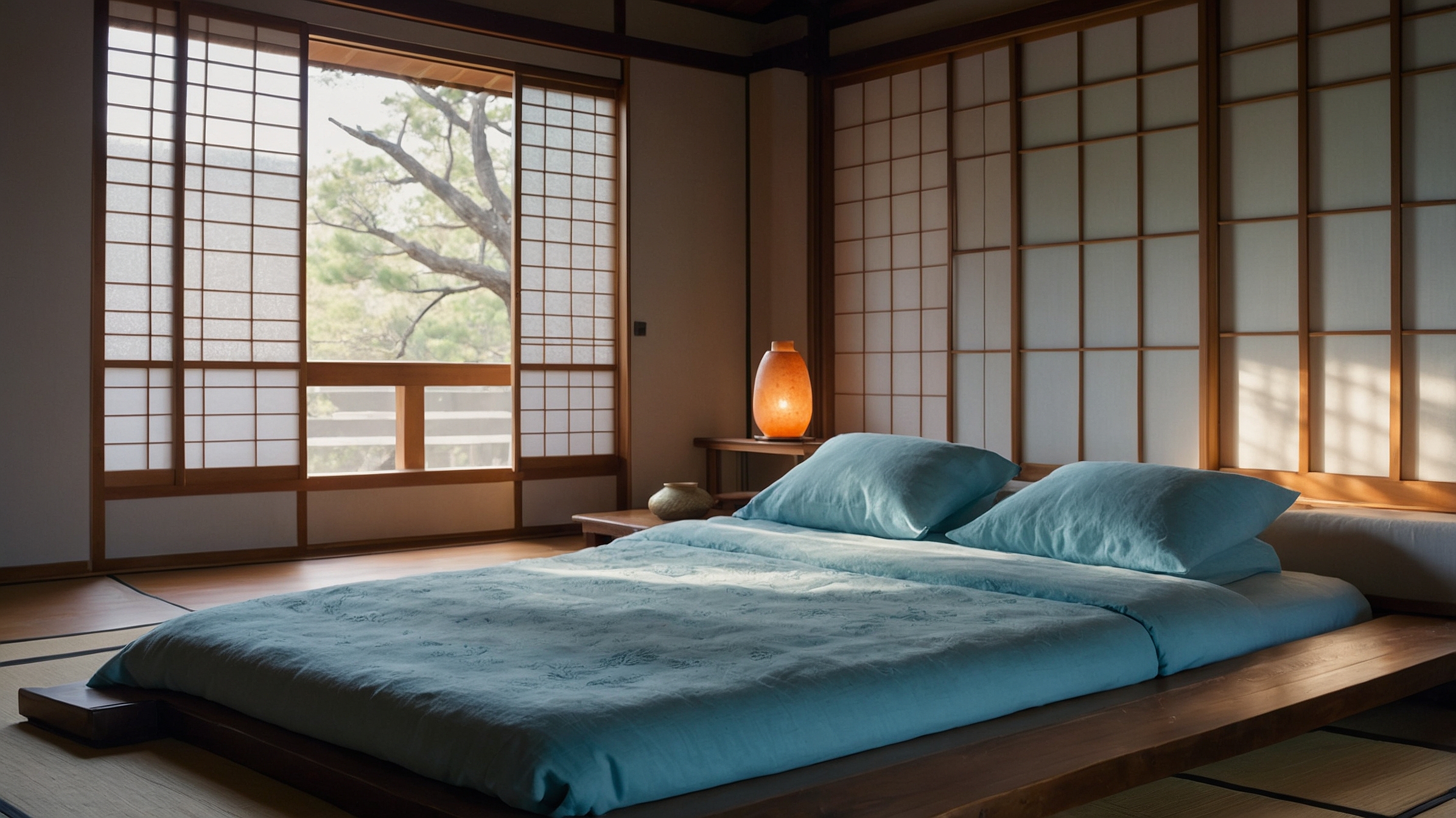 Japanese salt energy cleansing ritual in a serene summer bedroom with natural light and Himalayan salt lamp