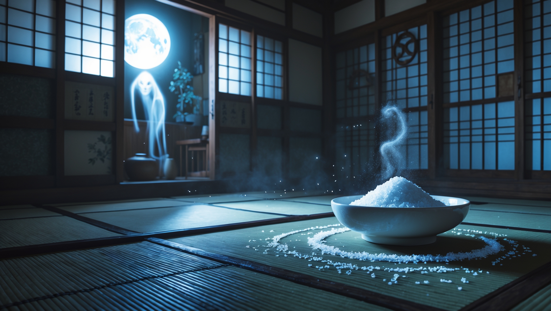 Japanese salt exorcism ritual in a Showa-era tatami room, glowing salt circle and ghostly spirit under moonlight