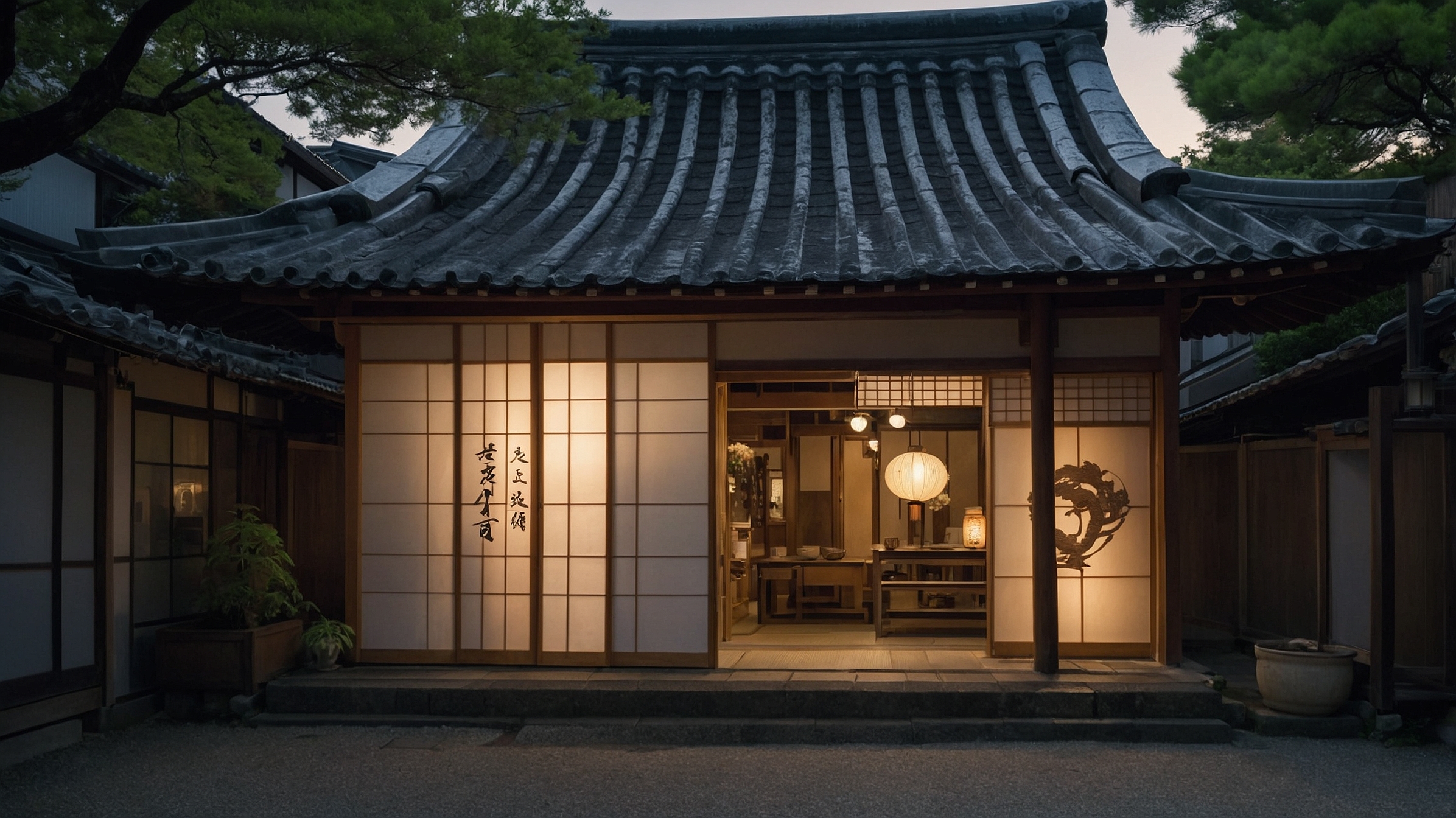 Softly lit traditional Japanese shop entrance at dusk, symbolizing spiritual purification and summer energy cleansing