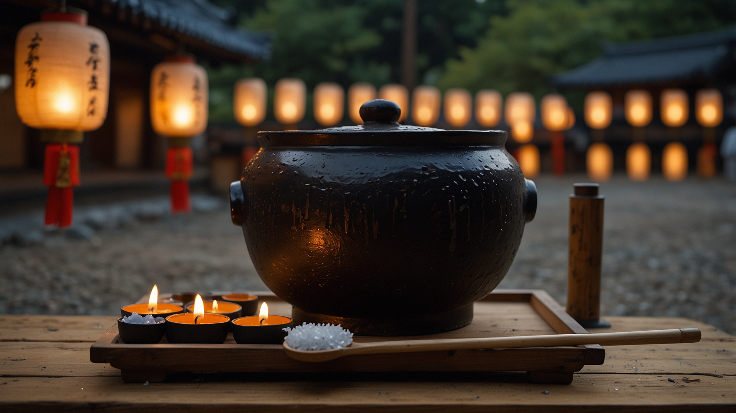 Wooden tray with salt and candles in a Japanese summer festival purification ritual