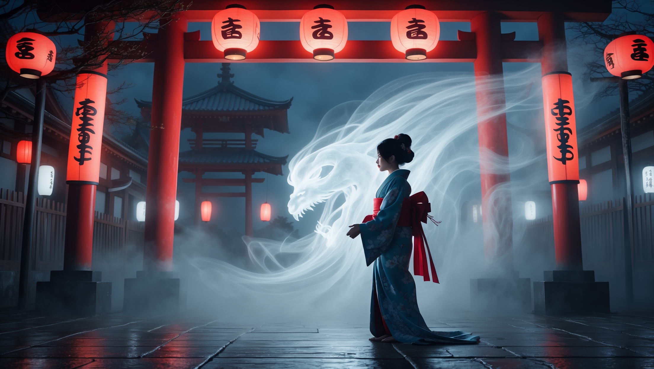 Japanese woman in kimono facing mystical white yokai spirit under red torii gate at night, symbolizing Japanese urban legends and salt purification rituals