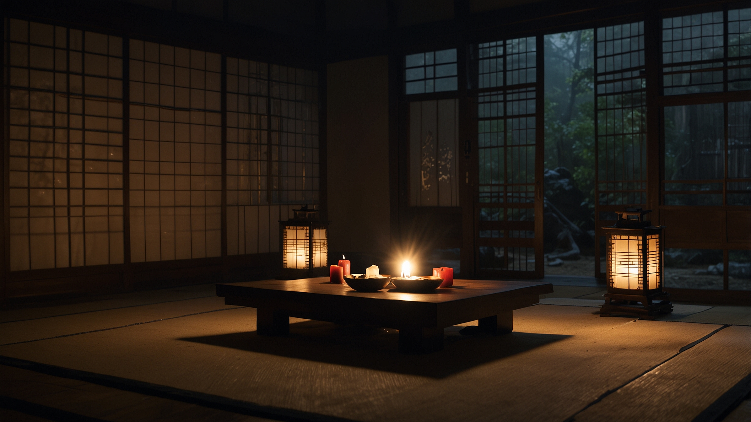 Dark Japanese tatami room with candle ritual setup to ward off the yokai Kasha