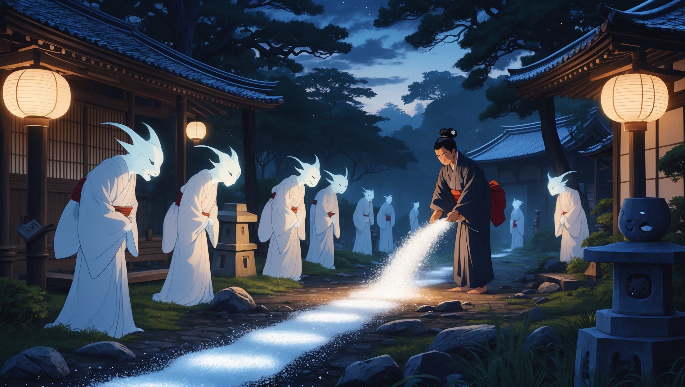 夜の日本の寺院の前で、着物姿の男性が妖怪たちに向かって塩を撒いている様子。妖怪は白装束で角があり、礼をするように並んでいる。