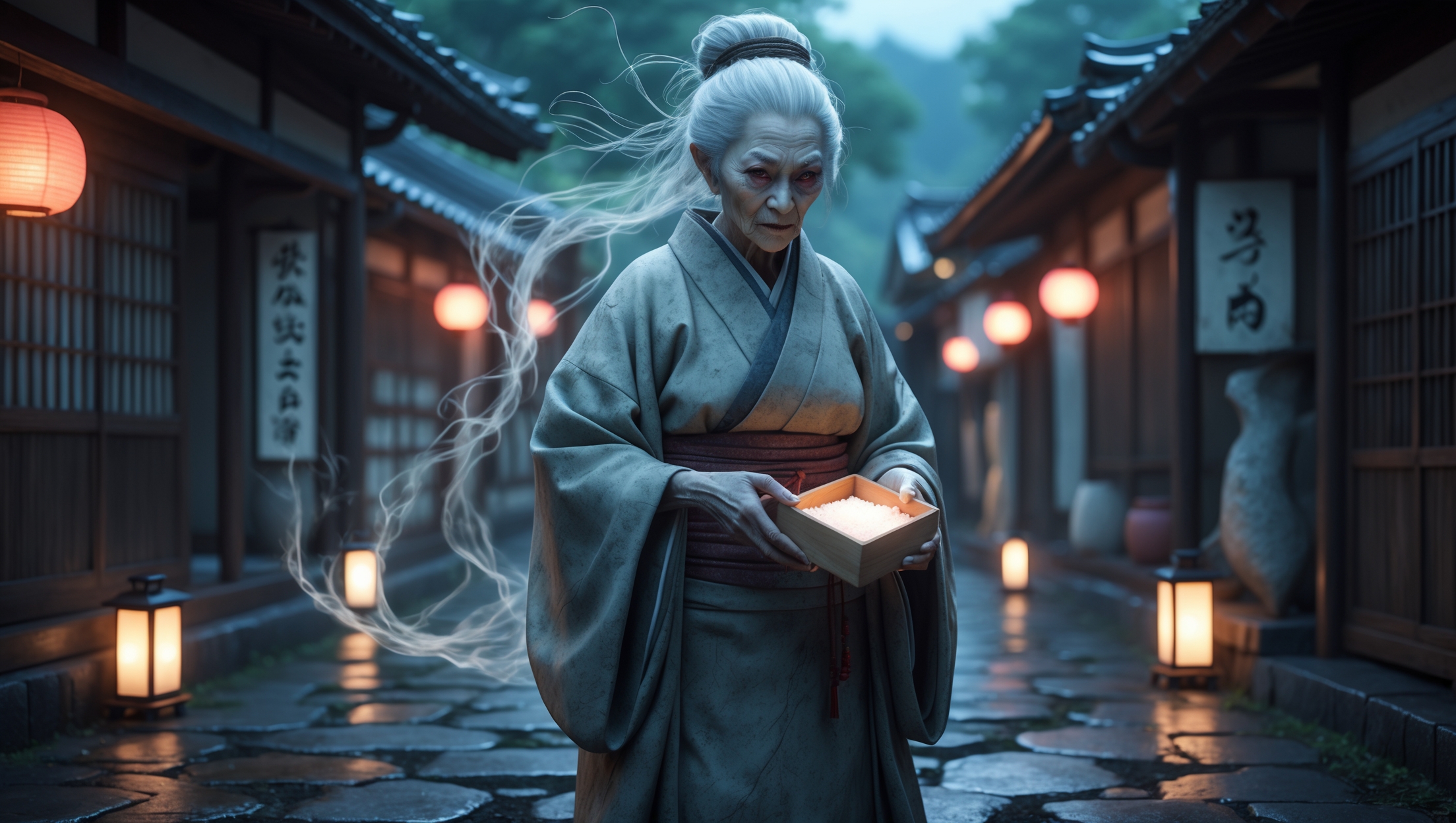 Mysterious old woman yokai from Japanese folklore holding a box of salt on a lantern-lit street in Tono, representing the origin of the term “shio taiou”.