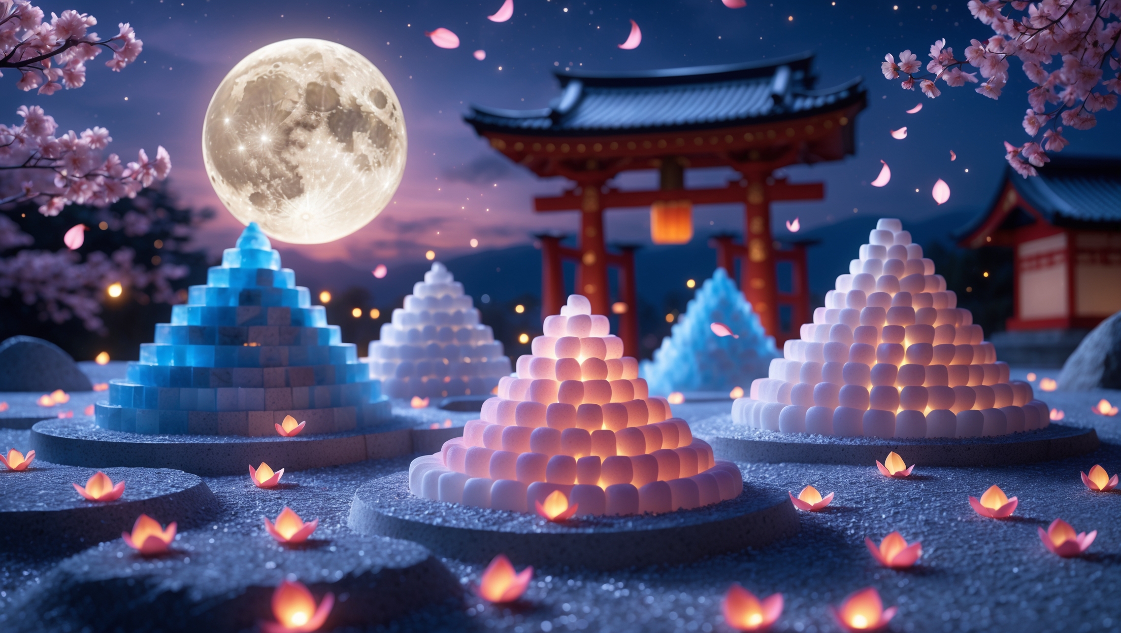Japanese morishio salt pyramids glowing under full moon at traditional temple surrounded by cherry blossoms and lanterns