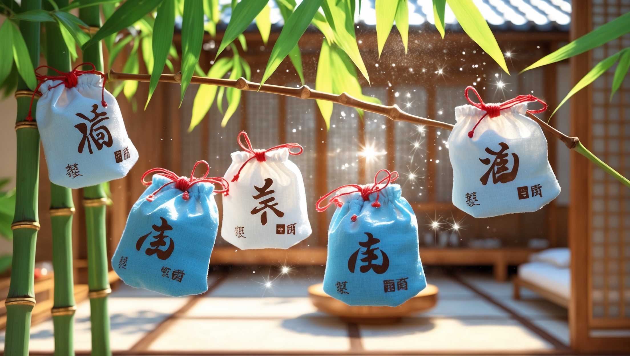 Japanese salt amulets hanging on bamboo in summer sunlight, traditional protective charms for health and purification