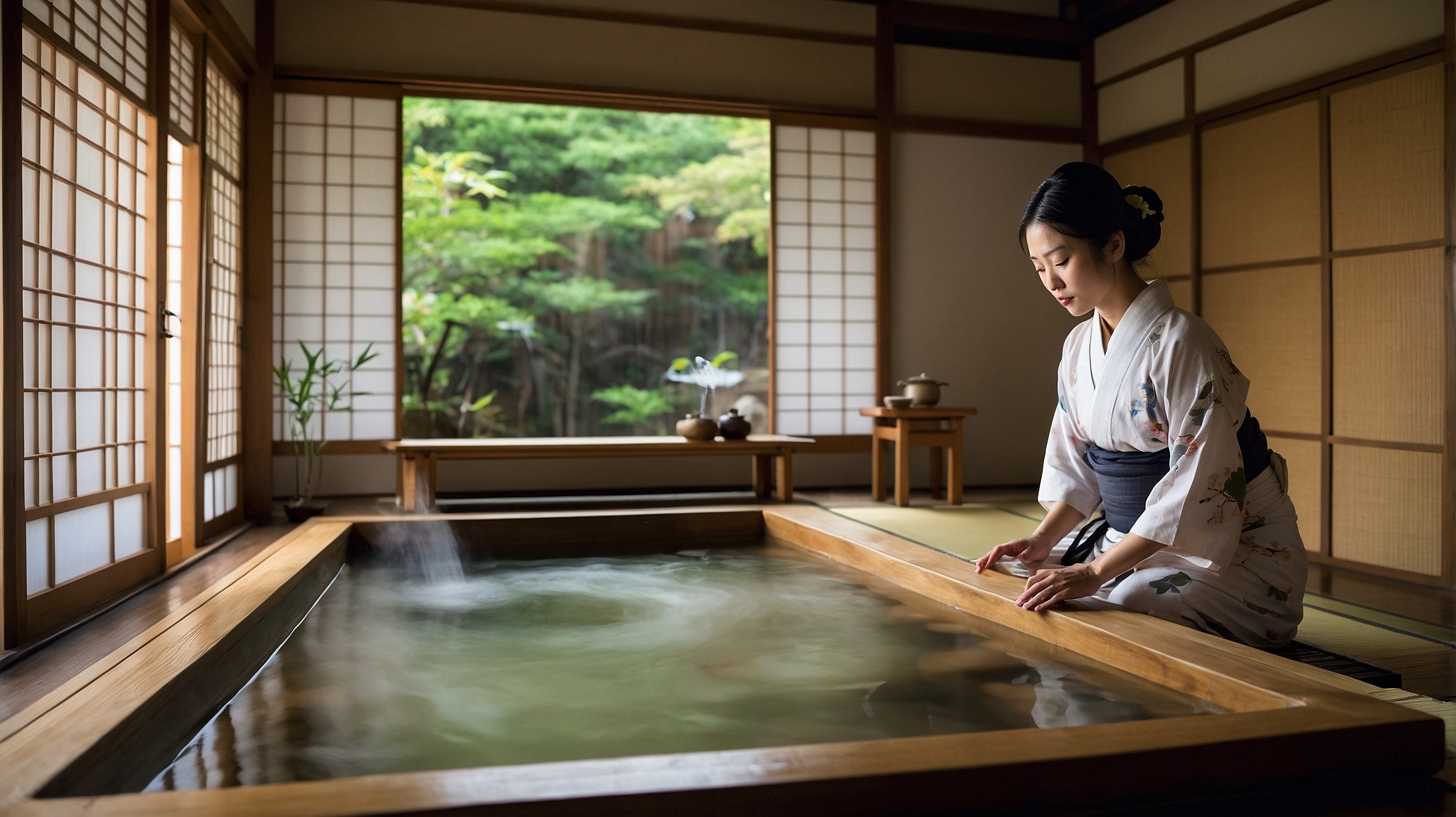 Japanese woman preparing a traditional salt bath in a tatami room for summer purification therapy