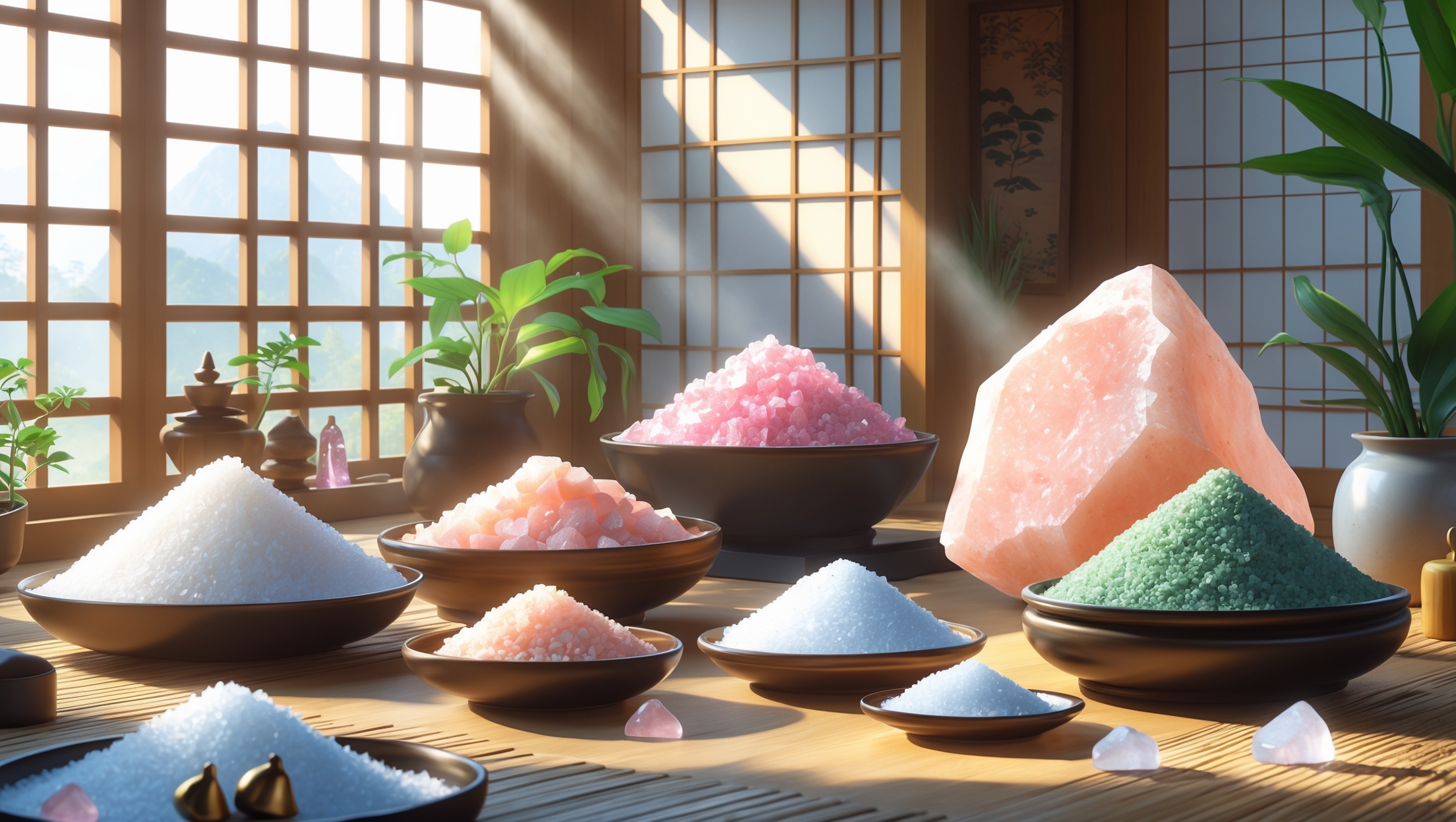 和室の木漏れ日の中、天然海塩やヒマラヤ岩塩など様々な色の浄化用の塩が器に盛られ、美しい結晶が輝く神秘的なシーン。