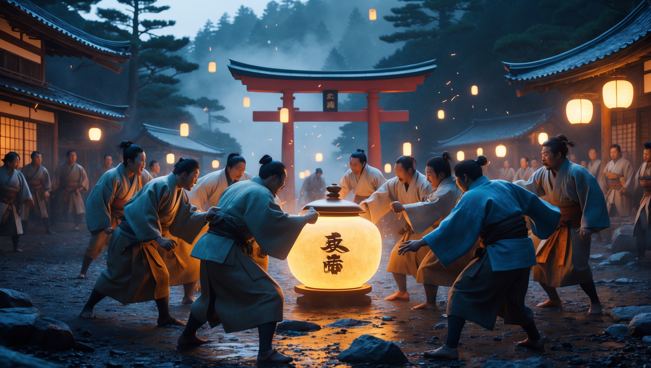 Japanese villagers fighting over a giant glowing salt jar in a dramatic night scene, symbolizing historical salt price wars in Japan.