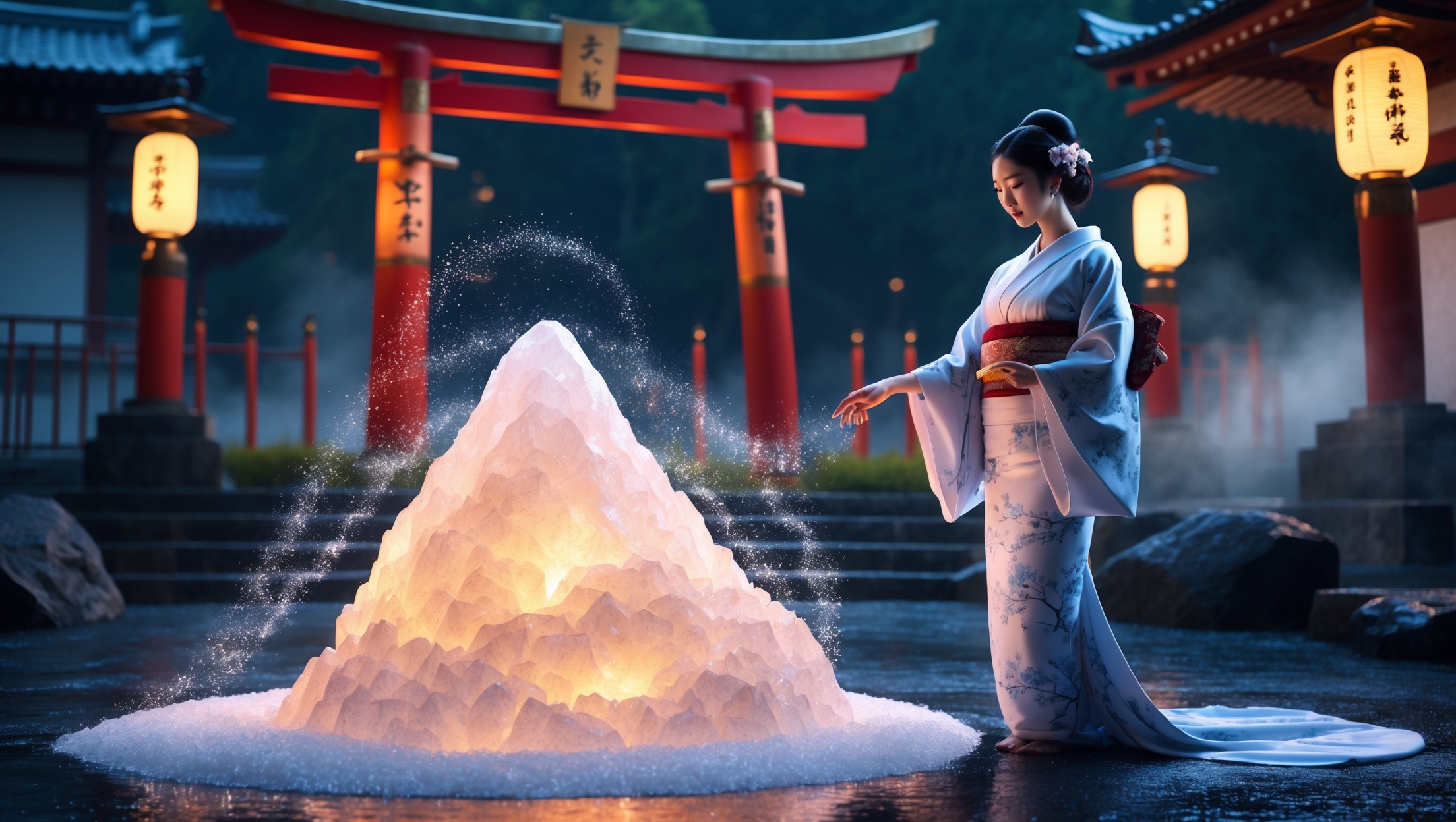 Japanese woman in kimono admiring a glowing mountain of salt crystals under torii gates, symbolizing mystical Japanese salt rituals and spiritual cleansing.
