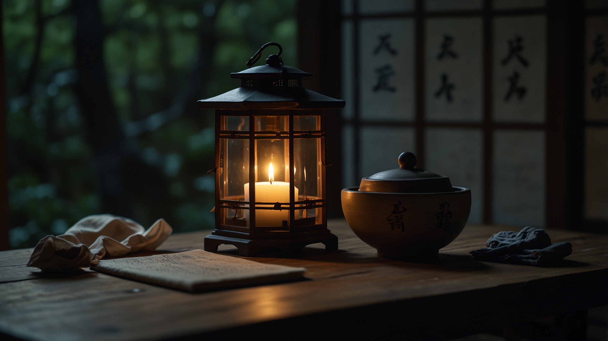 Traditional Japanese lantern and salt jar used in nighttime spiritual cleansing rituals