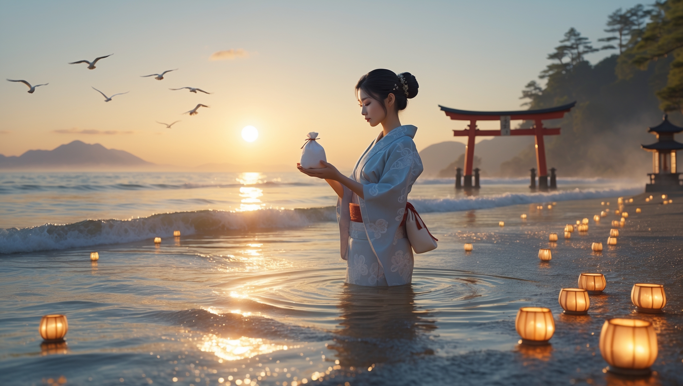Japanese woman in kimono performing a sea salt purification ritual at sunset on the beach, surrounded by lanterns and a red torii gate, symbolizing spiritual cleansing and serenity.