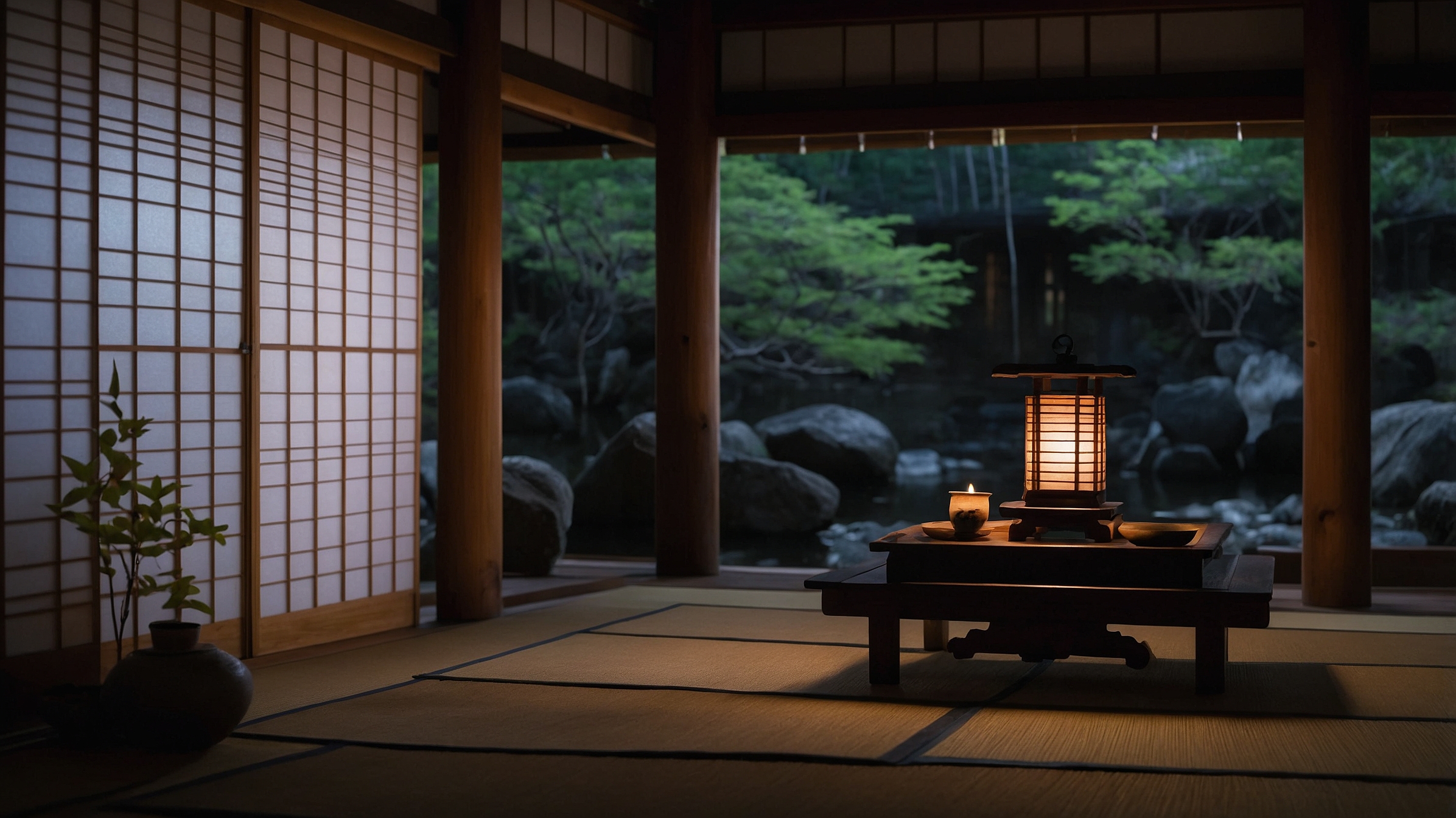 A softly-lit traditional Japanese room with a candle and lantern, symbolizing summer purification with salt and talisman.