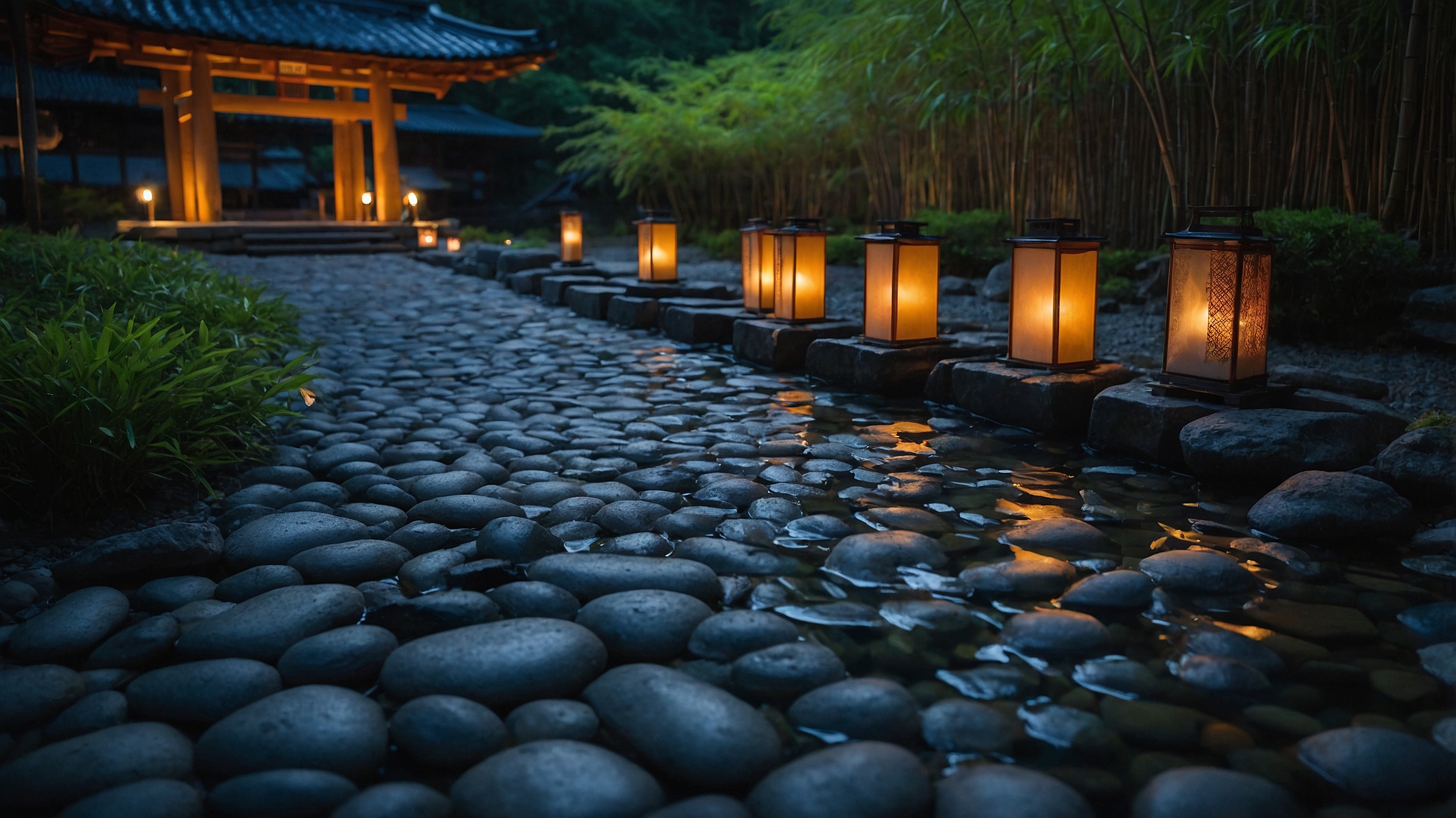 Stone-paved Japanese garden pathway lit with lanterns on a summer evening