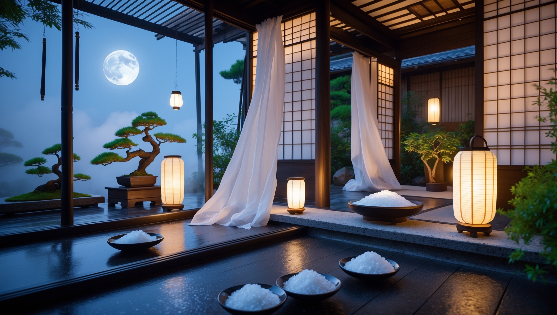 Japanese summer feng shui scene with moonlight, traditional wooden room, white curtains, bonsai trees, and bowls of purifying salt for cooling energy
