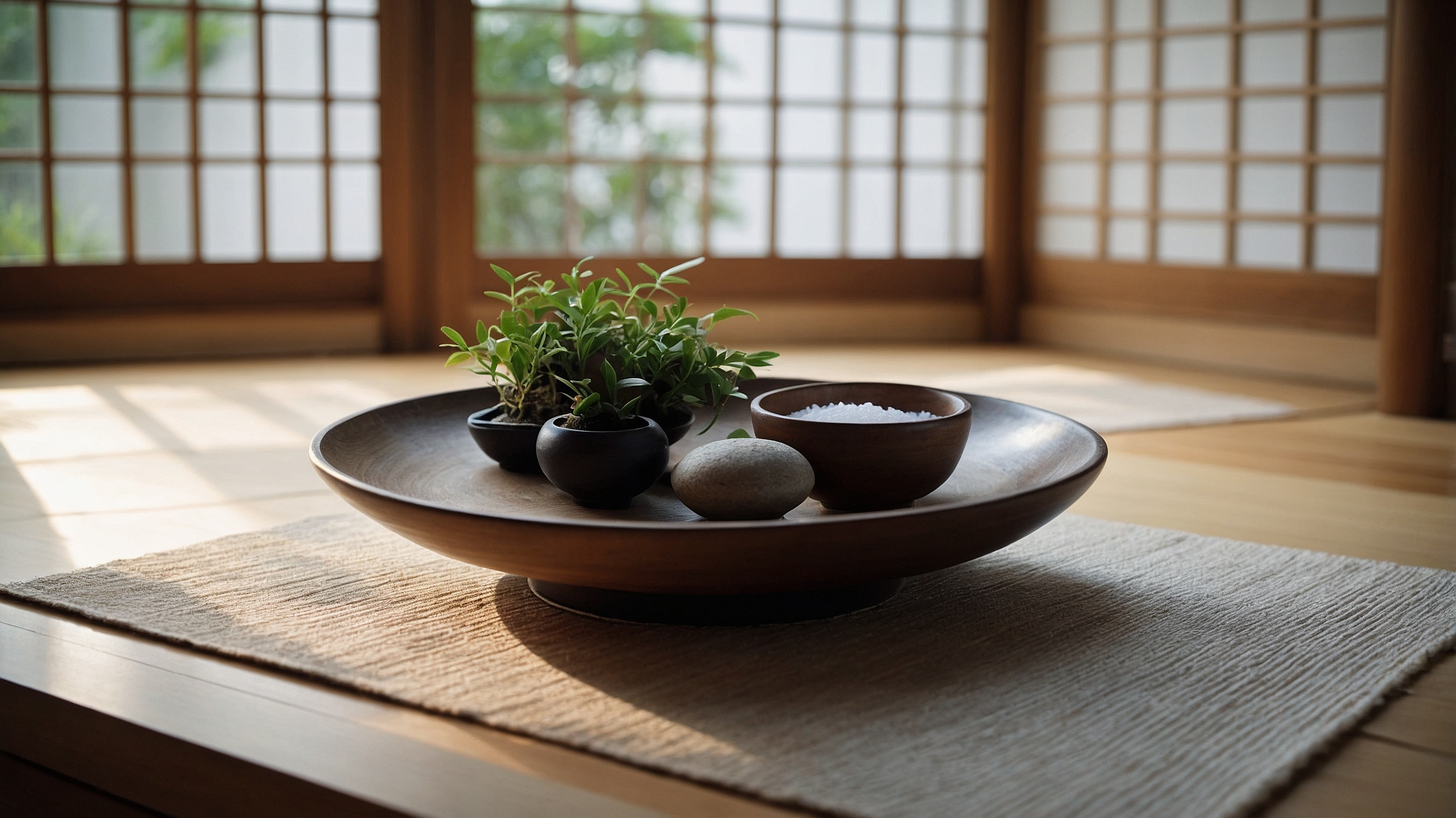 Summer Japanese room interior with cleansing salt and natural plants in wooden tray