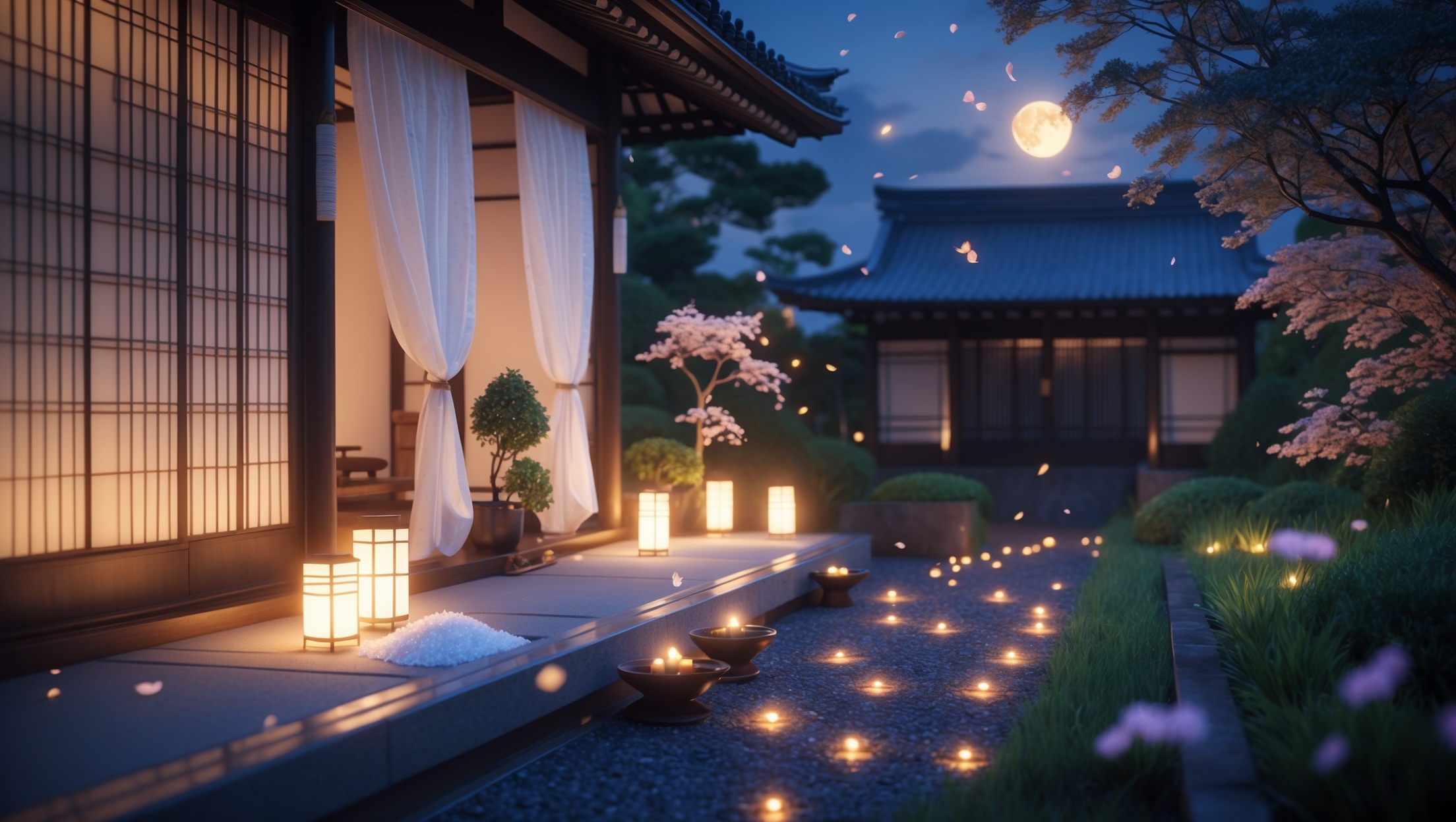 Japanese traditional house with salt mound on engawa and lanterns glowing in summer night garden, symbolizing natural mosquito repellent and spiritual cleansing.