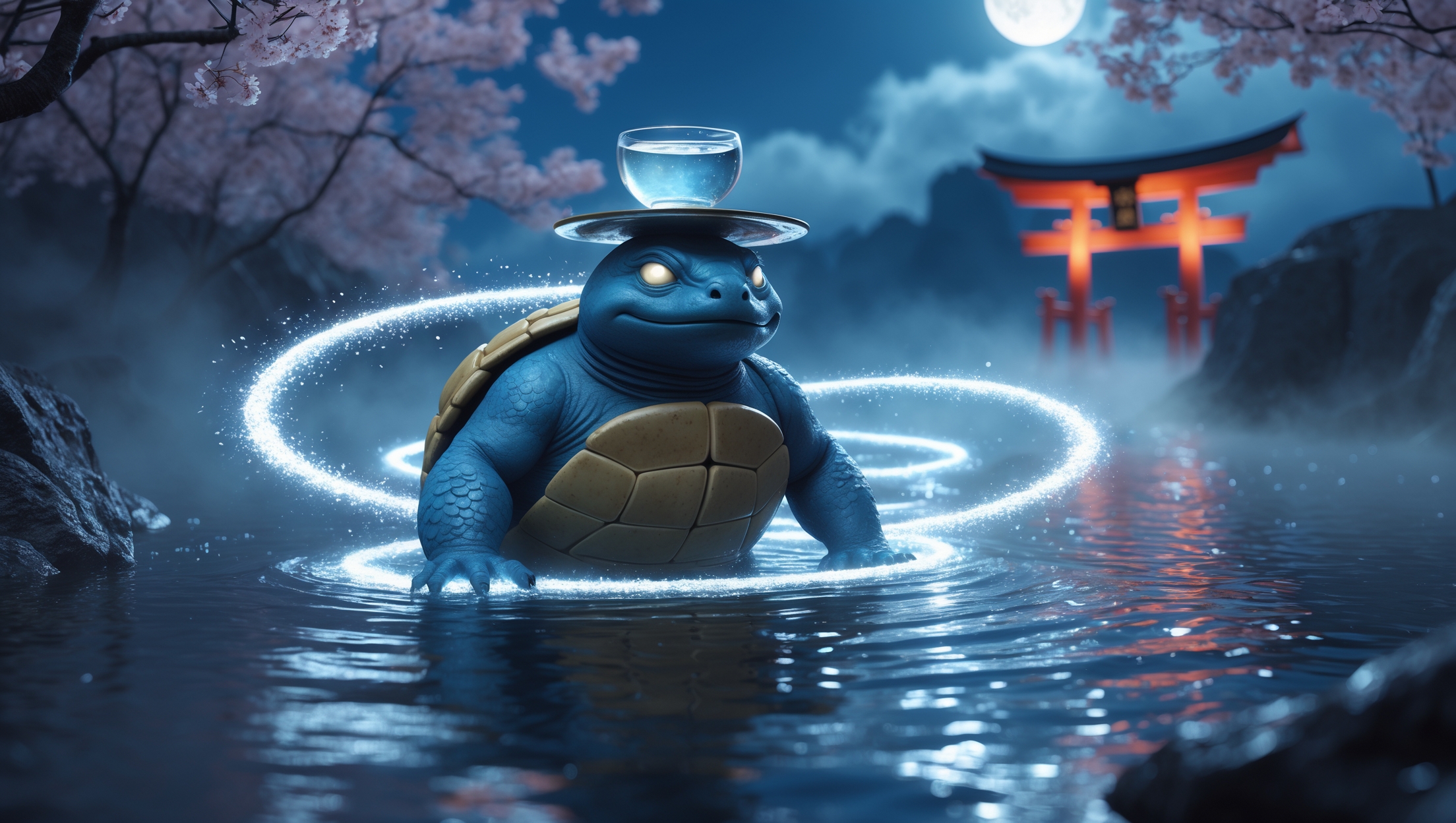 Mystical Japanese kappa creature standing in a sacred pond under cherry blossoms and moonlight, symbolizing salt legends and folklore.