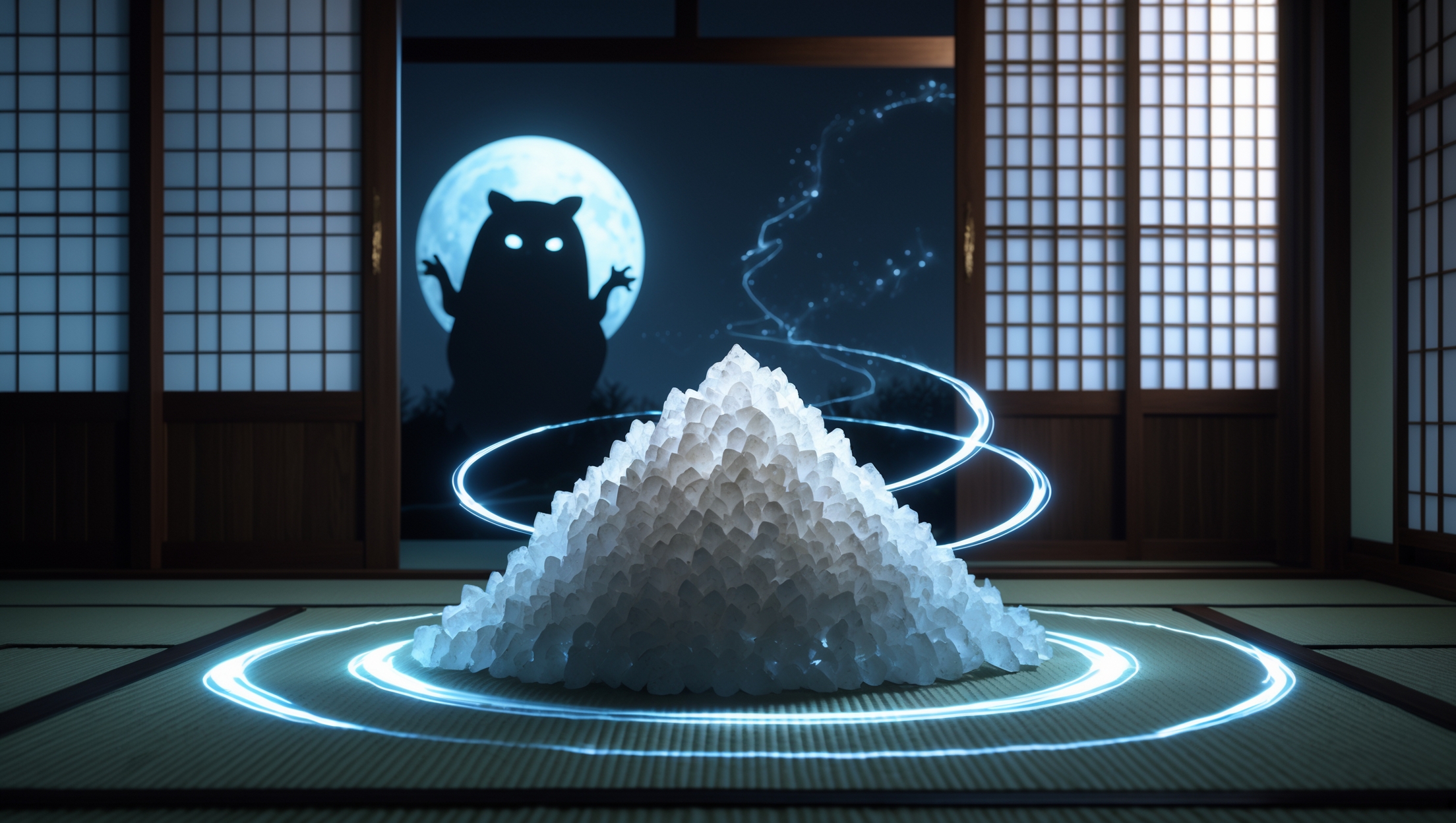 暗い和室に盛り塩が置かれ、障子越しに満月と妖怪のシルエットが浮かぶ幻想的な光景