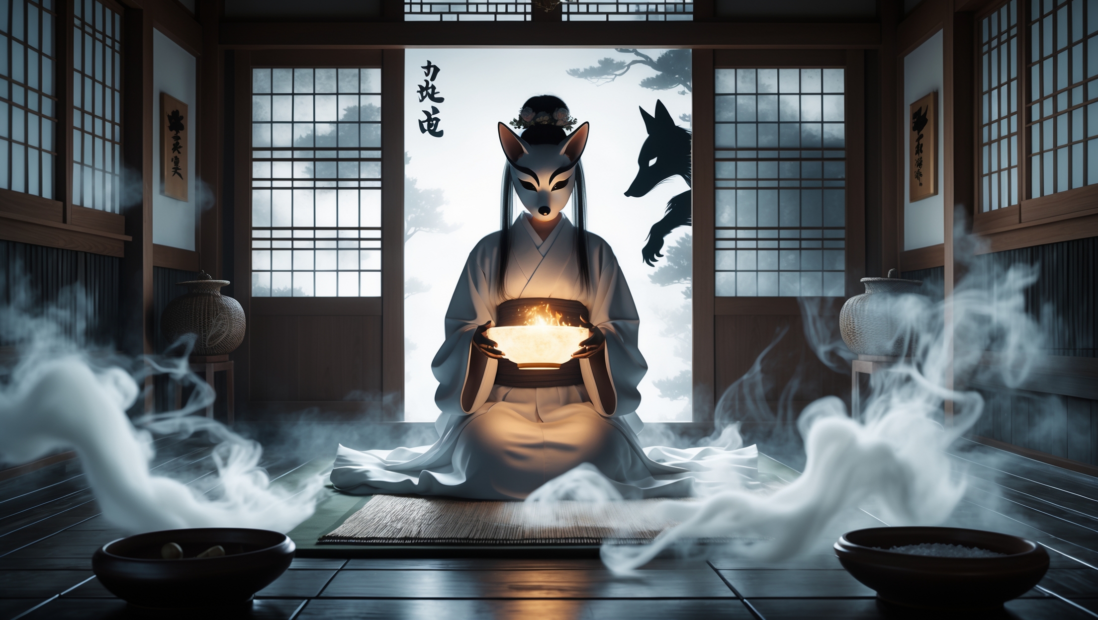 白装束をまとった狐面の女性が和室で炎を抱えて座り、背後に狐の影が浮かび上がる神秘的な塩祓いの儀式の様子。
